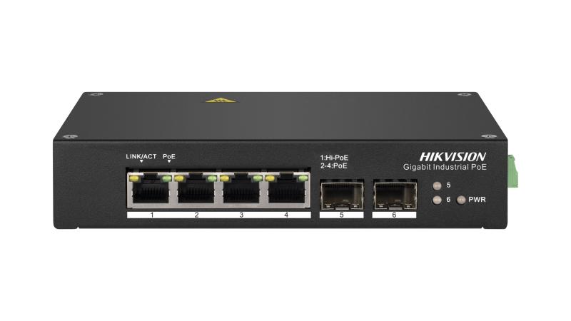 Switch Industrial PoE Hikvision DS-3T0506HP | 4 Puertos Gigabit + 2 SFP