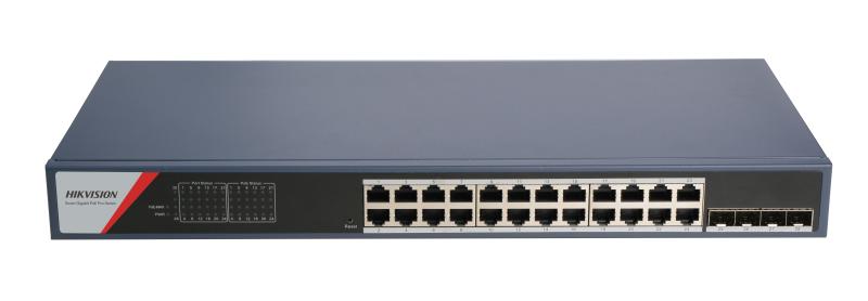 Switch Administrable Hikvision 24 Puertos PoE+ Gigabit 370W con Fibra Óptica